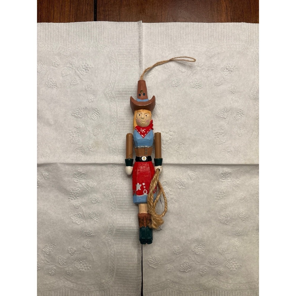 Vintage Carved Wooden Cowgirl Ornament.